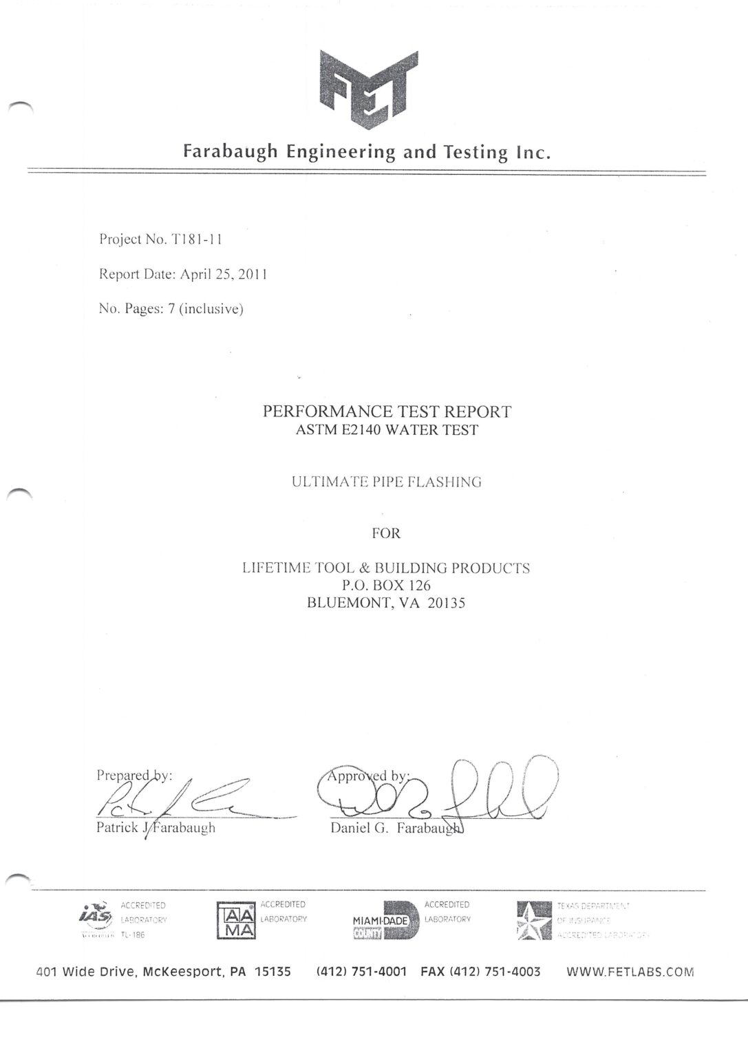 ASTM E2140 Ultimate Pipe Flashing® Static Water Test