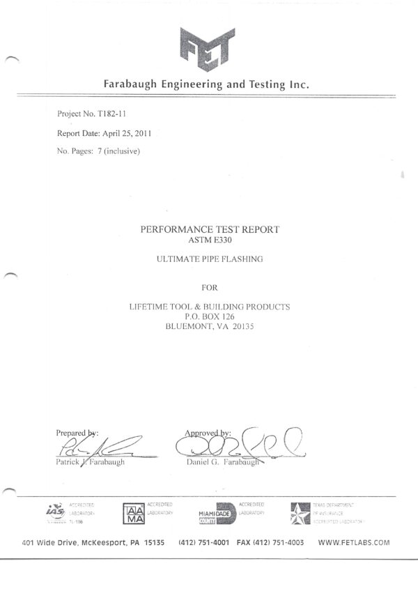 ASTM E33002 Ultimate Pipe Flashing® Static Load Test Lifetime Tool & Building Products LLC
